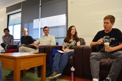 Professor Antonio Montalban (far left) and the Berkeley Connect Math mentors share the joys and challenges of going to graduate school.