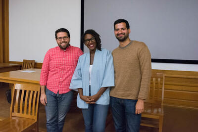 Ari Dimmitriou (left), Professor Nadia Ellis (middle), and Daniel Valella (right) share about writing processes.